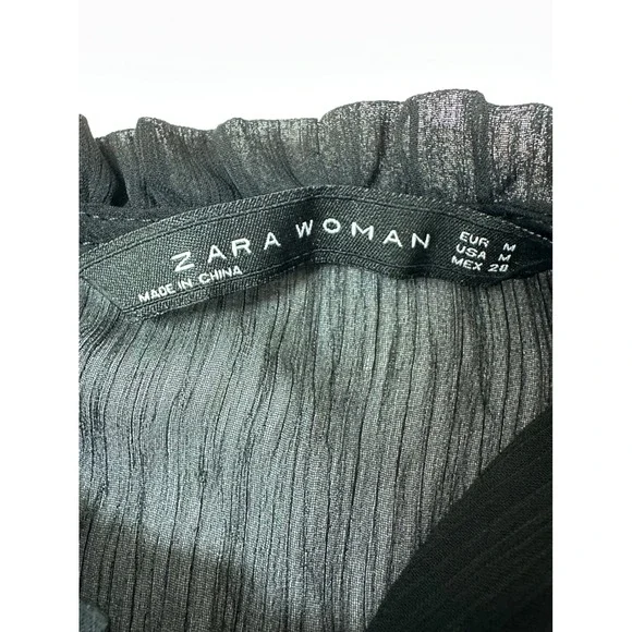 Zara Woman Floral Embroidered Ruffle Tiered Sheer Blouse Top Black M - Picture 5 of 5